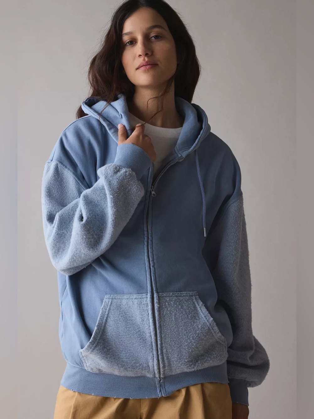 BDG Twisted Dusty Oversized Zip Up Hoodie Blue Reverse Fleece Patchwork S